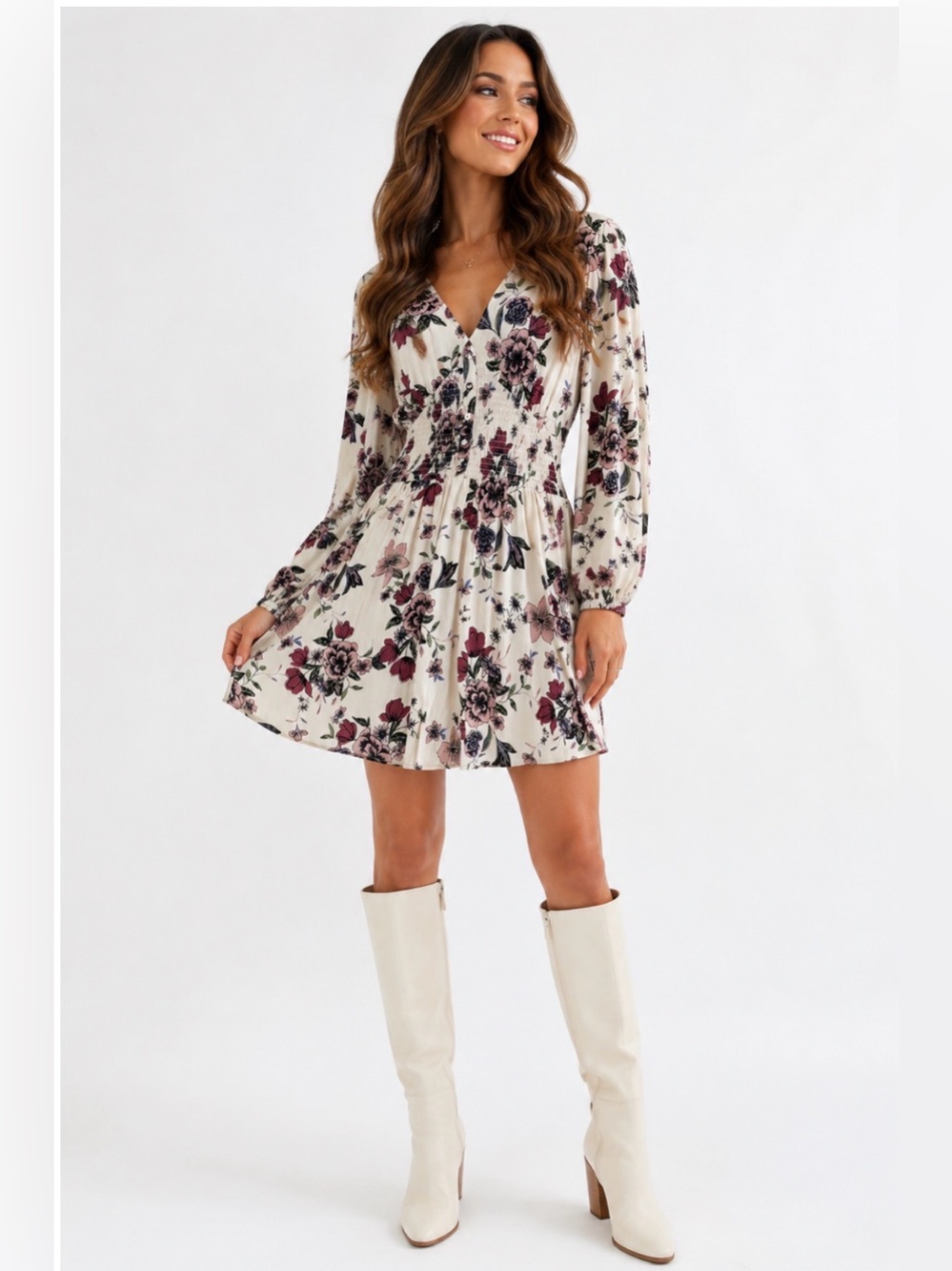 American Rag Cie Boho White Burgundy Floral Print Smocked Mini Dress Size Large